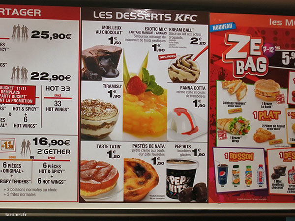 Desserts du menu KFC, avec le pastel de nata en bas